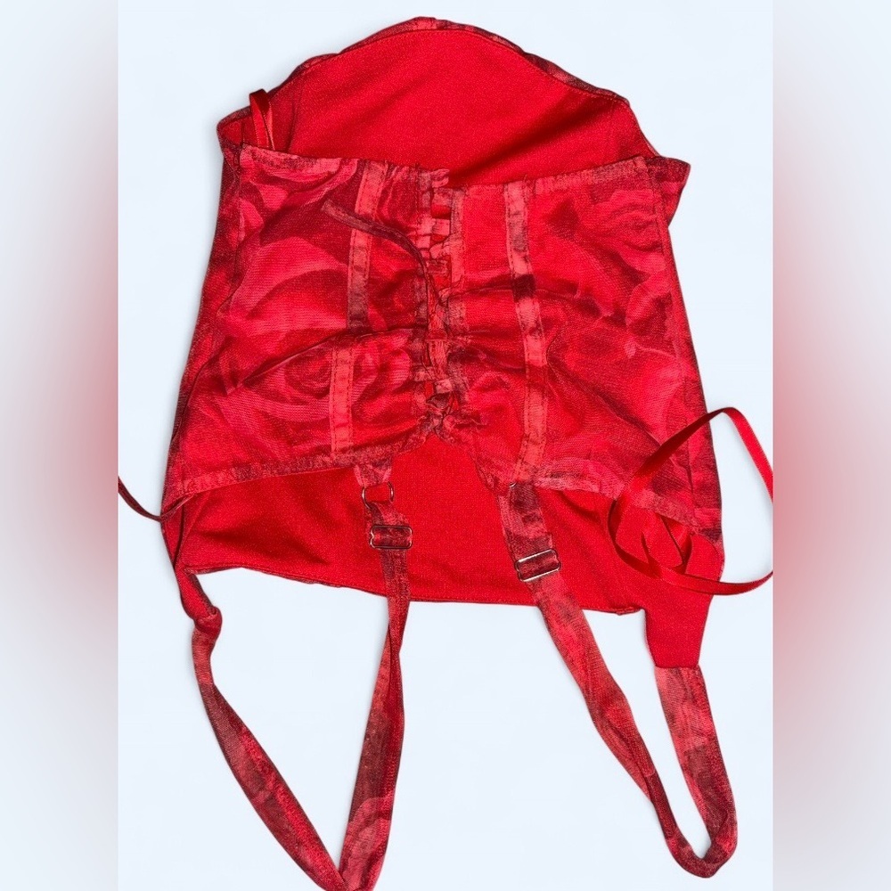 Windsor Red Rose Print Corset Bustier Top XS Lace-Up Back - Picture 8 of 11